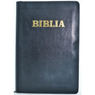 Biblia cu concordanta, foarte mare, scris mare, piele, neagra, fermoar, margini aurii, cuv. lui Isus in rosu [083 PFI]