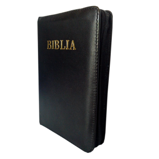 Biblia mica, din piele, neagra, index, fermoar, margini aurii, simbol maini, cuv. lui Isus in rosu [047 PFI]
