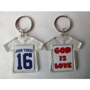 Breloc cu mesaj crestin in forma de tricou - John Three 16/ God is love