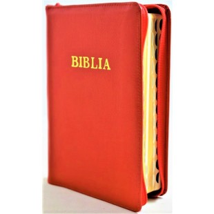Biblie din piele, marime medie, rosie , simpla, fermoar, index, margini aurii, cuv. lui Isus cu rosu [SB 057 PFI]