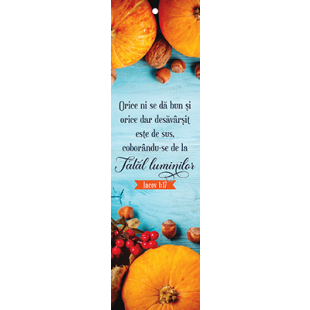  Semn de carte cu panglica portocalie -  Verset:  "Orice ni se dă bun şi orice dar desăvârşit este de sus, coborându-se de la Tatăl luminilor." Iacov 1:17    [30]